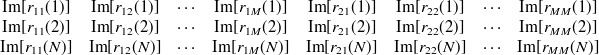 $\displaystyle \begin{array}{cccccccc} \textrm{Im}[r_{11}(1)] &  \textrm{Im}[r_{12}(1)] &  \cdots &  \textrm{Im}[r_{1M}(1)] &  \textrm{Im}[r_{21}(1)] &  \textrm{Im}[r_{22}(1)] &  \cdots &  \textrm{Im}[r_{MM}(1)]\\ \textrm{Im}[r_{11}(2)] &  \textrm{Im}[r_{12}(2)] &  \cdots &  \textrm{Im}[r_{1M}(2)] &  \textrm{Im}[r_{21}(2)] &  \textrm{Im}[r_{22}(2)] &  \cdots &  \textrm{Im}[r_{MM}(2)]\\ \textrm{Im}[r_{11}(N)] &  \textrm{Im}[r_{12}(N)] &  \cdots &  \textrm{Im}[r_{1M}(N)] &  \textrm{Im}[r_{21}(N)] &  \textrm{Im}[r_{22}(N)] &  \cdots &  \textrm{Im}[r_{MM}(N)]\\ \end{array} \nonumber  $