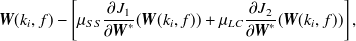 $\displaystyle  {\mbox{\boldmath {$W$}}}(k_ i, f) - \left[ \mu _{SS} \frac{\partial J_1}{\partial {\mbox{\boldmath {$W$}}}^*}({\mbox{\boldmath {$W$}}}(k_ i, f)) + \mu _{LC} \frac{\partial J_2}{\partial {\mbox{\boldmath {$W$}}}^*}({\mbox{\boldmath {$W$}}}(k_ i, f)) \right], \label{equpdateSepMatInst} $
