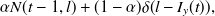 $\displaystyle  \alpha N(t-1, l)+ (1 - \alpha )\delta (l - I_ y(t)), \label{eqnhitso}  $