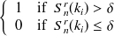 $\displaystyle  \left\{  \begin{array}{cr} 1 &  \mathrm{if}\  \  S_ n^ r(k_ i) > \delta \\ 0 &  \mathrm{if}\  \  S_ n^ r(k_ i) \leq \delta \end{array} \right.  $